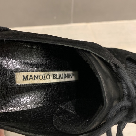 CONSIGNED. Manolo Blahnik Suede Heels with Mesh Overlay - Picture 13 of 16